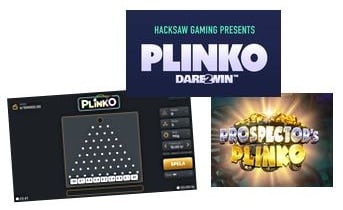 Bild på tre olika Plinko-spel: Plinko Dare 2 Win från Hacksaw Gaming samt Prospector's Plinko och Plinko från Gaming Corps