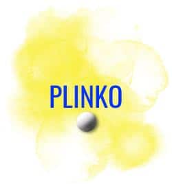 En gul färgklick med texten Plinko och en bild på en liten vit kula som symboliserar spelkulorna som används i Plinko casino spel.