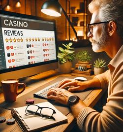 En man sitter framför datorn och läser casinorecensioner för att hitta bra casinon som erbjuder free spins utan omsättningskrav