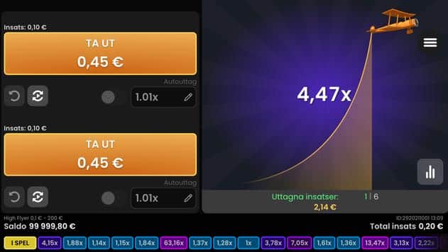Bilden visar ett exempel på hur ett crash-spel kan se ut. I exemplet visas spelet High Flyer där multiplikatorn är uppe i 4,47x.