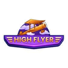 Logga till spelet High Flyer. Loggan består av en lila skylt med gula bokstäver och ett flygplan i gult.